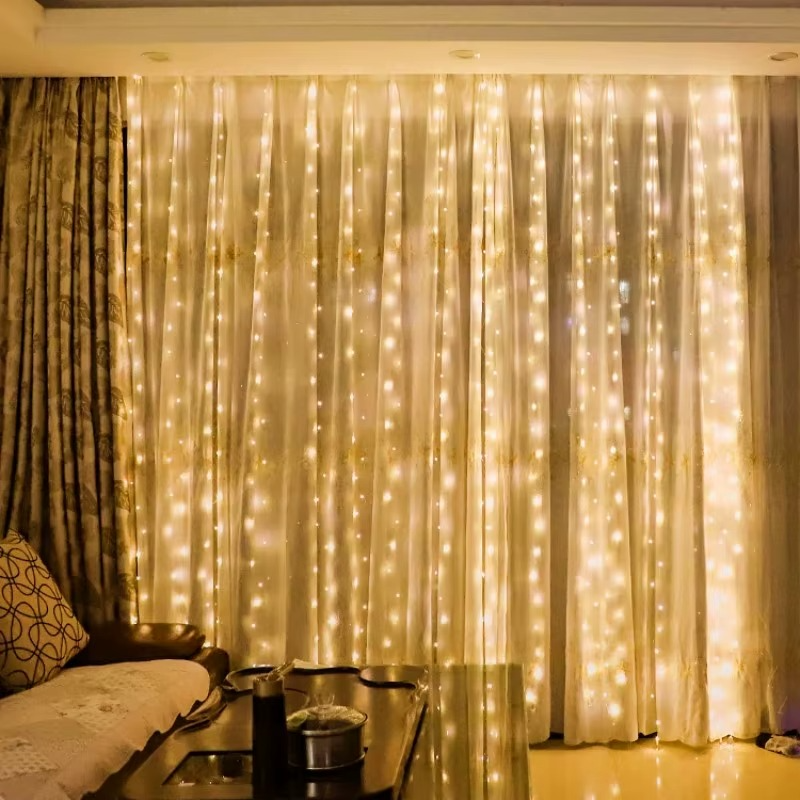 Set 2 x Perdea de Lumină LED 3x3m – 300 LED-uri, 8 Moduri de Iluminare - ALB CALD